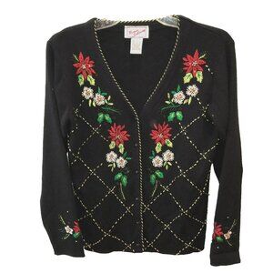 Ronnie Salloway Small Christmas Sweater Poinsettias Ladies Floral Cardigan Sz S